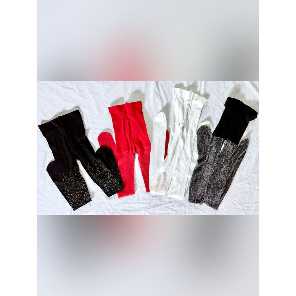 Girls Size 4/5 Tights Lot 4 Pairs Black White Red Silver Glitter Sparkle